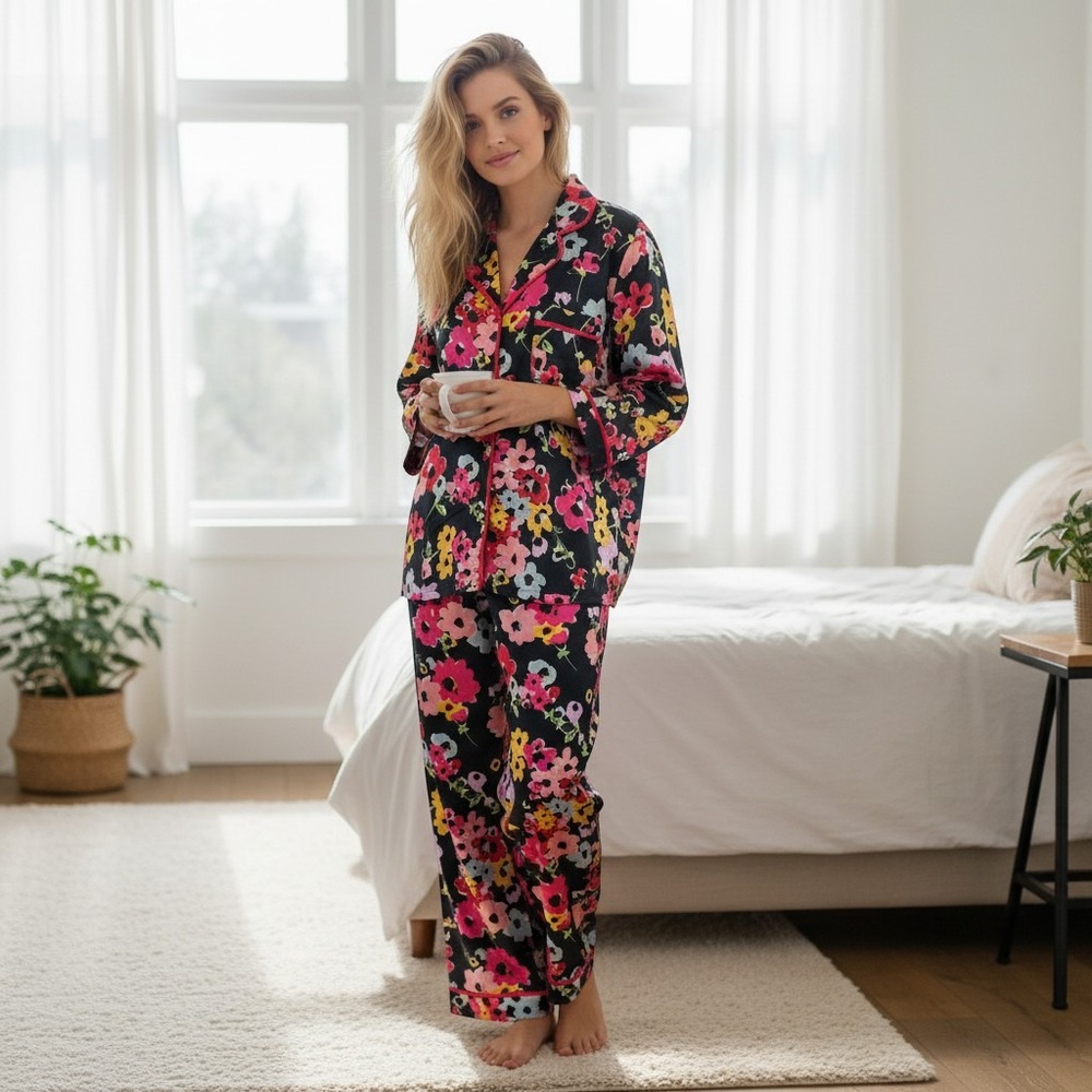 KATE SPADE Womens Black Floral Pajama Set M Button Up Satin Feel Sleepwear